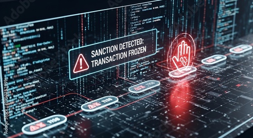 Sanction Detected Transaction Frozen Alert on Digital Financial Network — Cybersecurity, Compliance and Anti-Money Laundering Concept