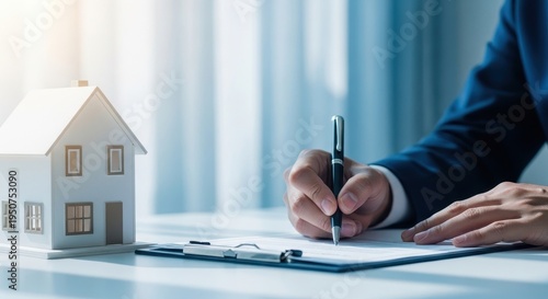 Person signing real estate contract with house model