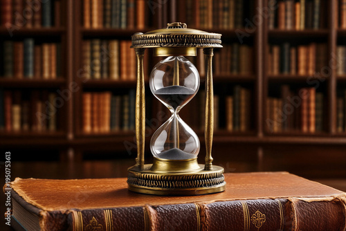 Vintage brass hourglass with white sand on old leather book in library with bookshelf background for time knowledge and history concept