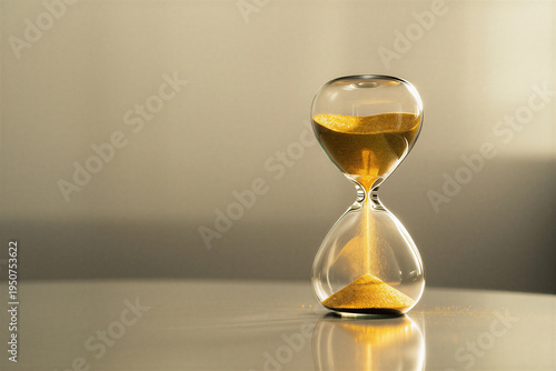 Hourglass with golden yellow sand flowing on neutral gray background showing time passing for patience and waiting concept