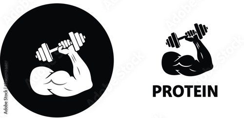 A minimalist black and white graphic design featuring a muscular arm lifting a heavy iron dumbbell Vector