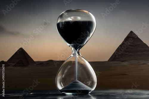 Hourglass with black sand on desert background with ancient egyptian pyramids at sunset for time travel and history concept