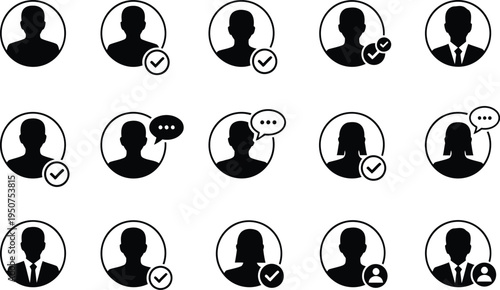A collection of fifteen black user profile icons representing various contact and account actions Vector