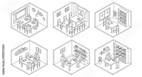 Set of 6 isometric office interior illustrations vector