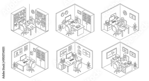 Set of 6 office isometric illustrations vector