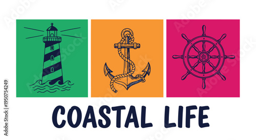 Set of 3 coastal icons vector, nautical symbols