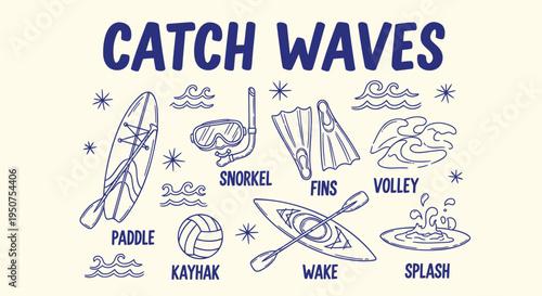 Set of 9 surfing icons vector, Catch Waves theme