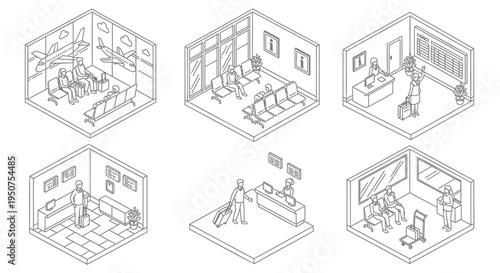Set of 6 isometric office interior illustrations vector