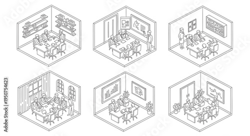 Set of 6 office meeting room isometric icons vector