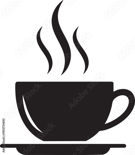 Black silhouette of a steaming cup of coffee on a saucer