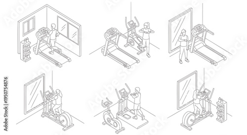 Set of 6 isometric gym workout illustrations vector
