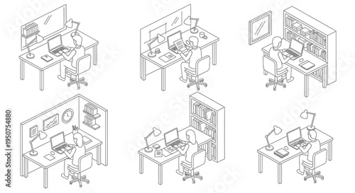 Set of 6 office workstations vector illustrations
