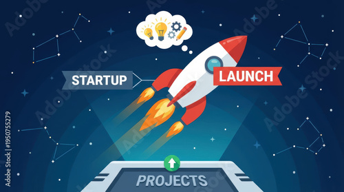 Rocket innovative concept product symbols creation with startup launch text and glowing ideas above blue night sky background suggest Idea creation and innovative product launching concept
