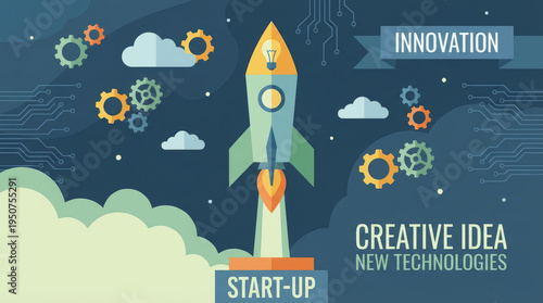 Rocket innovative concept product symbols creation launch over cloud gear sky background Idea creation and innovative product launching concept