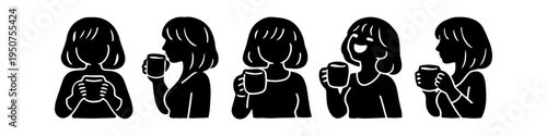 Set of minimalist black silhouettes depicting a woman drinking from a mug in various poses. Ideal for cafe, morning routine, and lifestyle illustrations.