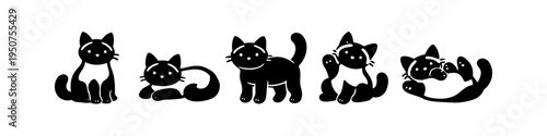 Set of cute black and white cat icons in various poses, including sitting, lying down, and playing. Minimalist flat vector illustration of feline characters on a white background.