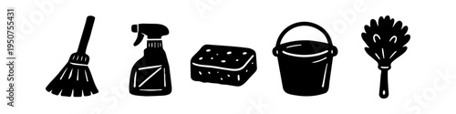 Black hand-drawn cleaning supplies icons including broom, spray bottle, sponge, bucket, and duster. Minimalist graphic set for household chores and maintenance service.