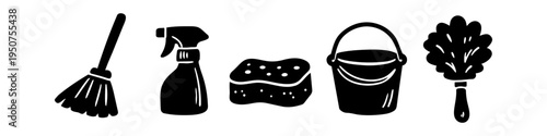 Minimalist black silhouettes of cleaning tools including a broom, spray bottle, sponge, bucket, and duster. Vector set for housekeeping, sanitation, and home maintenance themes.