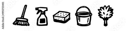 Hand-drawn set of cleaning icons including a broom, spray bottle, sponge, bucket, and feather duster. Simple black ink doodles on white background for housekeeping and hygiene concepts.