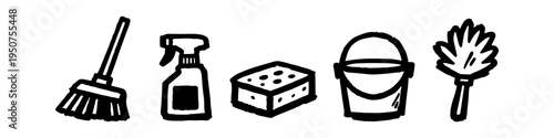 Set of hand-drawn black and white icons for cleaning chores featuring a broom, spray bottle, sponge, bucket, and feather duster. Minimalist sketchy style for home maintenance and hygiene concepts.