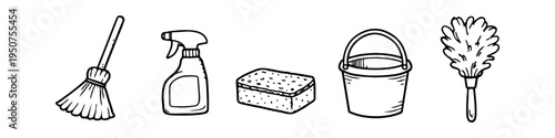 Set of hand-drawn cleaning icons in a minimalist doodle style, including a broom, spray bottle, sponge, bucket, and duster. Perfect for housework, sanitation, and home maintenance themes.