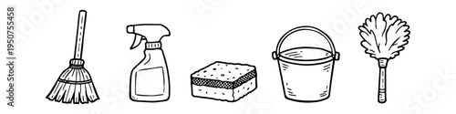 Hand-drawn doodle icons of house cleaning supplies including a broom, spray bottle, sponge, bucket, and duster. Black and white line art illustration set on white background.