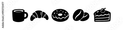 Set of black cafe and bakery icons including a coffee mug, croissant, donut, coffee beans, and cake slice. Minimalist vector illustration for breakfast and coffee shop concepts.