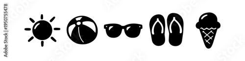 Set of minimalist black summer icons featuring a sun, beach ball, sunglasses, flip-flops, and an ice cream cone on a white background. Perfect for travel and vacation themes.