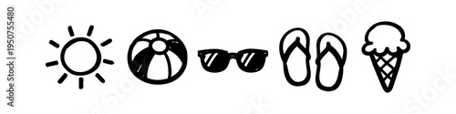 Hand-drawn black ink summer icons on a white background, featuring a sun, beach ball, sunglasses, flip-flops, and an ice cream cone. Minimalist doodle style for vacation and travel designs.