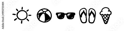 Hand-drawn summer icons set including sun, beach ball, sunglasses, flip-flops, and ice cream cone. Black ink sketch on white background for seasonal vacation and travel themes.
