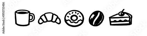 Hand-drawn black line icons of a coffee mug, croissant, donut, coffee bean, and cake slice. Minimalist doodle art style isolated on white background for cafe branding, bakery menus, and decor.