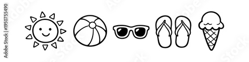 Set of simple black and white summer icons including a smiling sun, beach ball, sunglasses, flip-flops, and ice cream cone. Minimalist hand-drawn doodle style on white background.