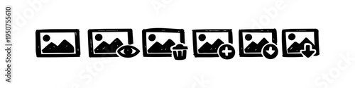 Hand-drawn black ink icon set for image gallery management. Includes sketchy symbols for viewing, deleting, adding, and downloading pictures on a clean white background for web and app design.