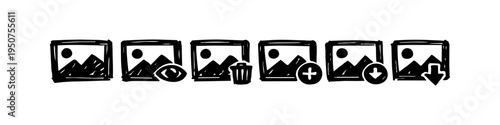 Set of hand-drawn sketchy photo management icons for gallery and image editing UI, featuring view, delete, add, and download actions in a minimalist doodle style on white background.