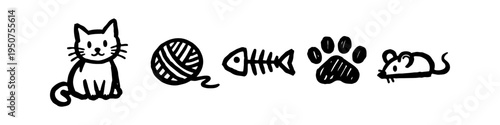 Set of hand-drawn cat themed doodles featuring a cute kitten, yarn ball, fish bone, paw print, and mouse. Minimalist black ink sketches on a white background for pet branding or stickers.