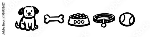 Hand-drawn doodle icons of a cute puppy, bone, dog food bowl, collar, and ball. Minimalist black and white sketch of pet supply elements isolated on white.