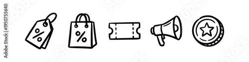 Collection of hand-drawn e-commerce and marketing icons in a minimalist doodle style, including a discount tag, shopping bag, coupon, megaphone, and reward coin. Ideal for sales and promotions.