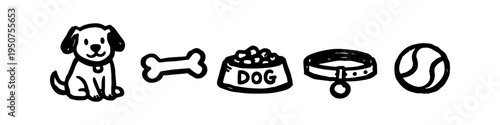 Hand-drawn minimalist dog icon set featuring a cute puppy, bone, food bowl, collar, and ball. Simple black line art doodles isolated on white, perfect for pet care and veterinary themes.