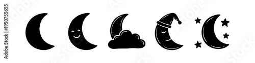 Set of five black crescent moon icons including a smiling face, cloud, nightcap, and stars. Perfect for children's designs, sleep themes, and minimalist night sky graphics.