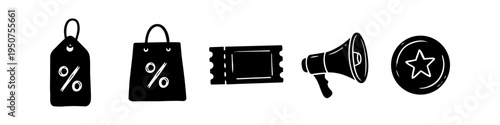Hand-drawn black silhouette icons for marketing and sales, featuring a price tag, shopping bag with percent sign, discount ticket, megaphone, and star reward badge on a white background.