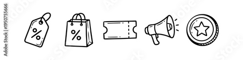 Set of hand-drawn shopping and marketing doodle icons including a discount tag, shopping bag, coupon, megaphone, and loyalty coin. Black line art isolated on a white background.