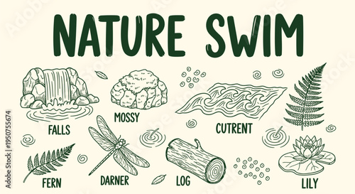 Set of 9 Nature Swim vector illustrations