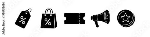 Set of hand-drawn black icons for marketing and sales, featuring a discount tag, shopping bag, coupon ticket, megaphone for announcements, and a loyalty star coin on a white background.