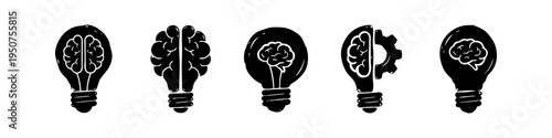 Set of black hand-drawn lightbulb and brain icons representing creativity, innovation, intelligence, and problem-solving. Minimalist watercolor style on white background.