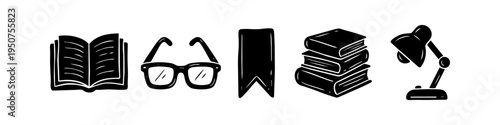 Set of black hand-drawn icons for reading and study, including an open book, glasses, bookmark, stack of books, and desk lamp. Isolated on white background for education and hobby designs.