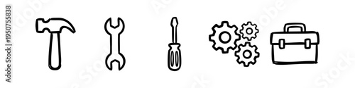 Hand-drawn set of construction and repair tool icons including a hammer, wrench, screwdriver, gears, and toolbox. Simple black and white doodle style for DIY, maintenance, and engineering projects.