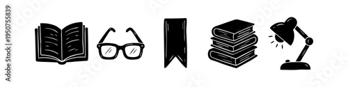 Set of hand-drawn black and white reading and education icons featuring an open book, eyeglasses, bookmark, stacked books, and a desk lamp. Minimalist doodle style vector illustrations.