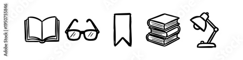 Set of minimalist hand-drawn reading icons including an open book, glasses, bookmark, stack of books, and a desk lamp. Perfect for education, library, and literary themes.