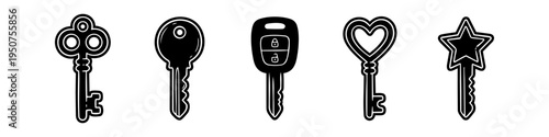 Set of five diverse key icons in a minimalist black and white silhouette style, featuring antique, modern, car fob, heart, and star-shaped keys on a white background.