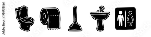 Set of hand-drawn restroom icons including a toilet, paper roll, plunger, sink, and gender signs. Black silhouette style doodles for bathroom signage and web design.